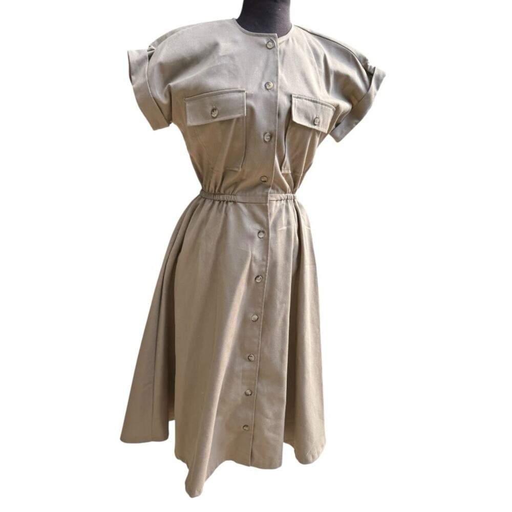 Vtg Khaki Minimalist Girl Scout Safari Midi Dress Womens Size 8 Military Utility